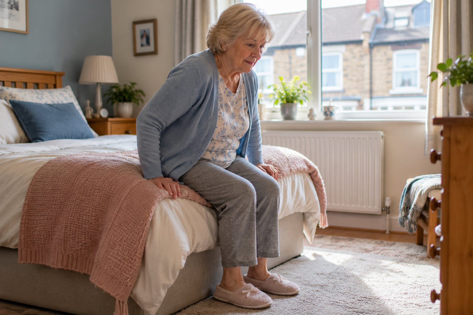 Older woman sitting on the edge of her bed preparing to stand at home in Leeds