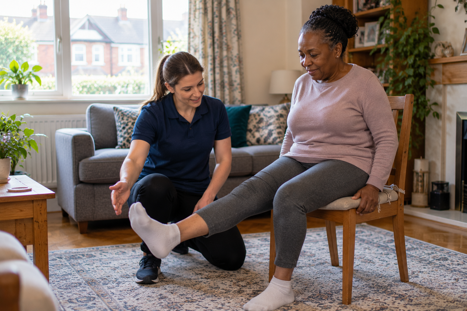 Physiotherapist guiding a woman through a seated leg exercise in her Birmingham living room