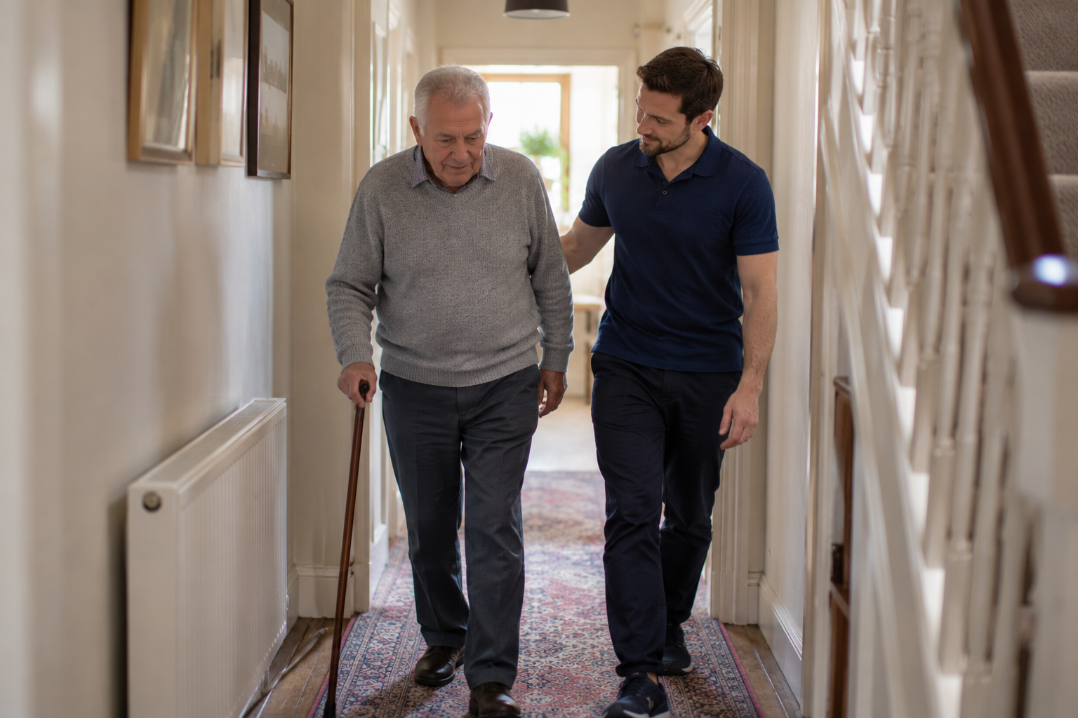 Older man practising walking with a stick in his Leeds hallway beside a physiotherapist